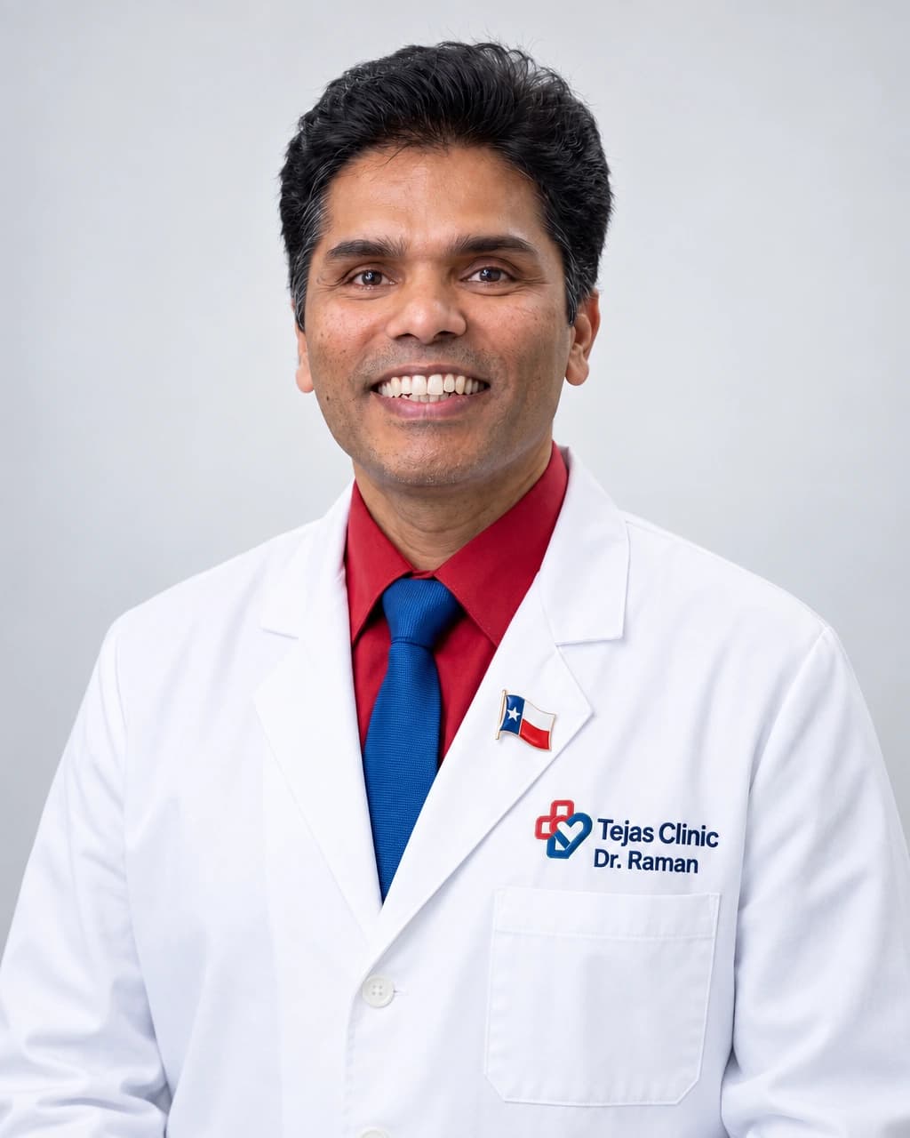 Dr. Venkataraman Palabindala in a white coat with Tejas Clinic branding; digitally edited portrait
