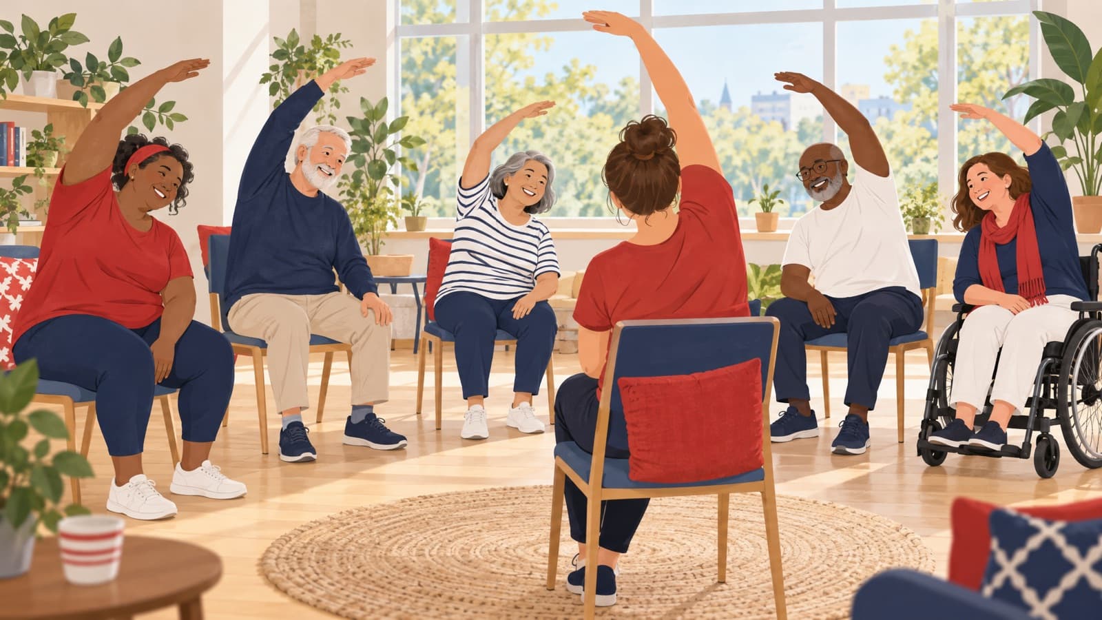 Illustration of adults participating in gentle seated movement in a community room