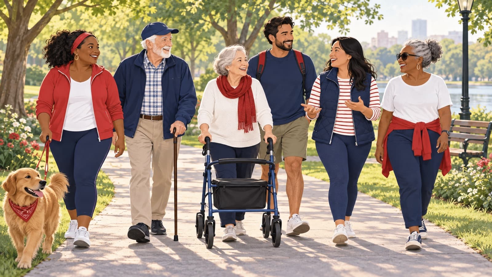 Illustration of adults walking together on a park path, including people using mobility aids